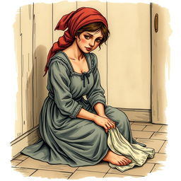 An 18-year-old scullery maid sitting on the floor while scrubbing the inn's floor with a rag