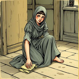 An 18-year-old scullery maid sitting on the floor while scrubbing the inn's floor with a rag