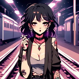 Anime grunge girl with face tattoos smoking a cigarette on an empty train platform at night.