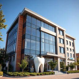 A contemporary dental clinic building situated in a city influenced by both Russian and Ukrainian architectural styles