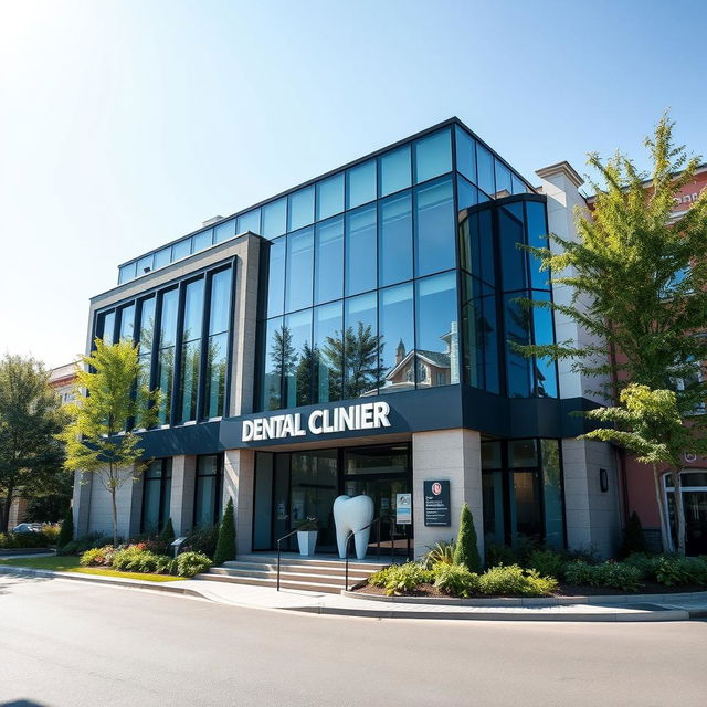 A contemporary dental clinic building situated in a city influenced by both Russian and Ukrainian architectural styles