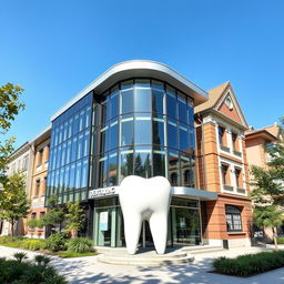 A contemporary dental clinic building situated in a city influenced by both Russian and Ukrainian architectural styles