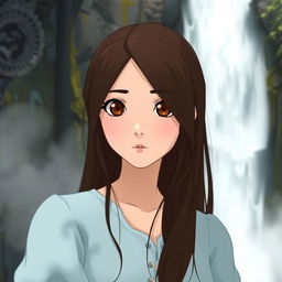 A Studio Ghibli inspired character, an adult woman with long brown hair parted to the side and brown eyes, wearing a simple light blue Victorian era dress