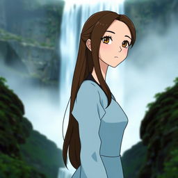 A Studio Ghibli inspired character, an adult woman with long brown hair parted to the side and brown eyes, wearing a simple light blue Victorian era dress