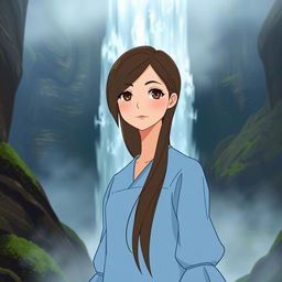 A Studio Ghibli inspired character, an adult woman with long brown hair parted to the side and brown eyes, wearing a simple light blue Victorian era dress