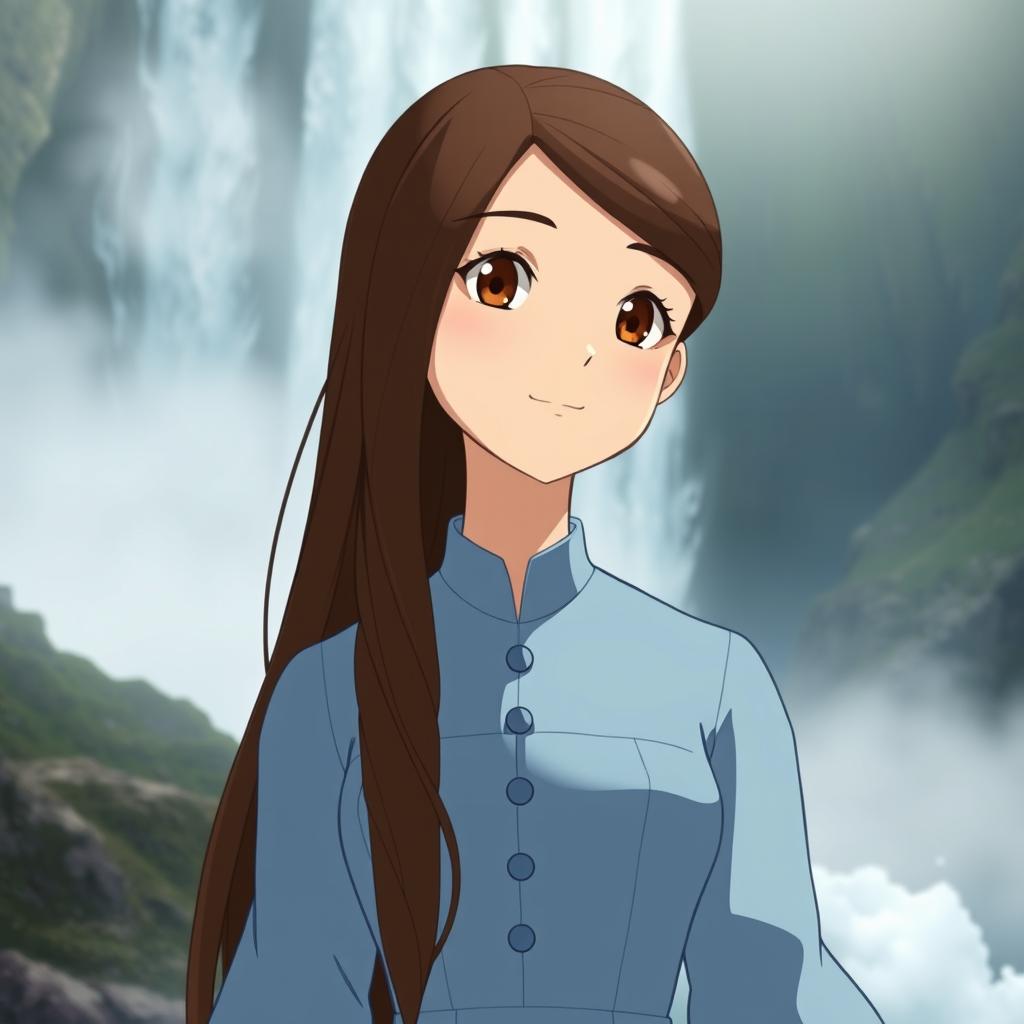 A Studio Ghibli inspired character, an adult woman with long brown hair parted to the side and brown eyes, wearing a simple light blue Victorian era dress