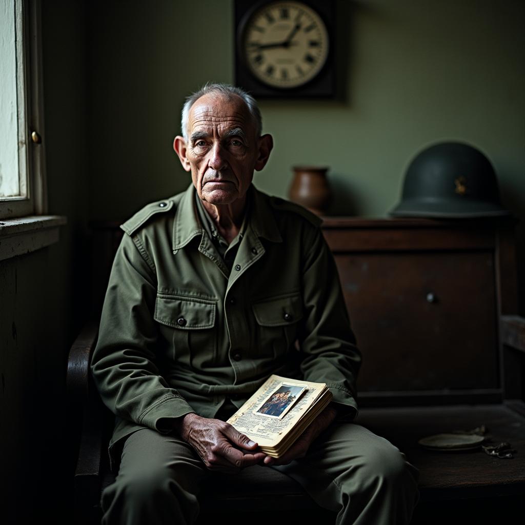 A solemn and reflective portrait of a man sitting on an old wooden bench in a dimly lit room, his eyes filled with haunting memories of war