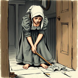 An 18-year-old maid bent over cleaning the floor of an inn with a rag