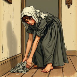 An 18-year-old maid bent over cleaning the floor of an inn with a rag