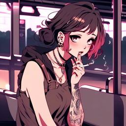 Anime grunge girl with face tattoos smoking a cigarette on an empty train platform at night.