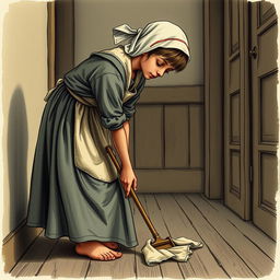 An 18-year-old maid bent over cleaning the floor of an inn with a rag