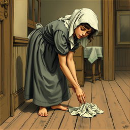 An 18-year-old maid bent over cleaning the floor of an inn with a rag