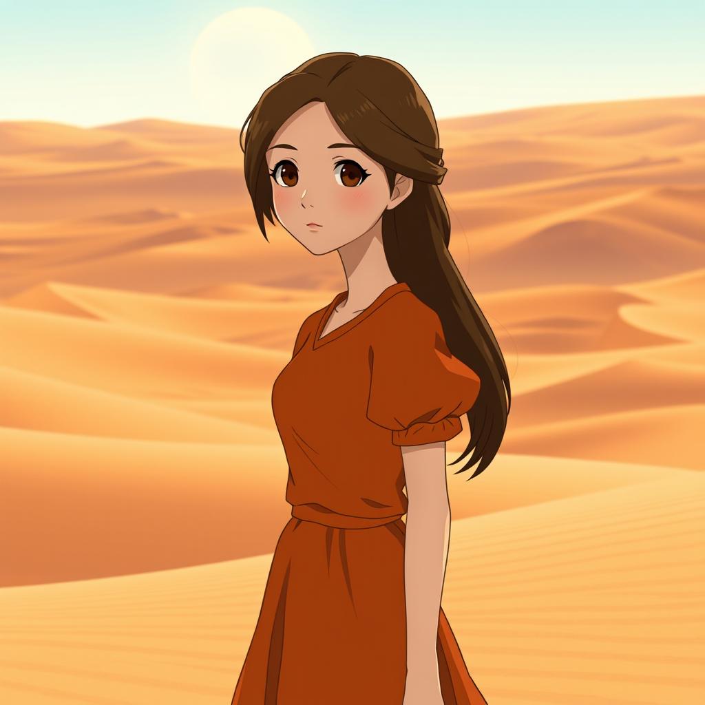 A Studio Ghibli inspired character, an adult woman with long brown hair parted to the side and brown eyes, wearing a simple orange Victorian era dress