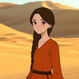 A Studio Ghibli inspired character, an adult woman with long brown hair parted to the side and brown eyes, wearing a simple orange Victorian era dress