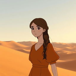 A Studio Ghibli inspired character, an adult woman with long brown hair parted to the side and brown eyes, wearing a simple orange Victorian era dress