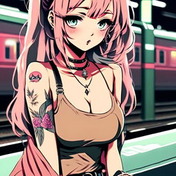 Anime grunge girl with face tattoos smoking a cigarette on an empty train platform at night.