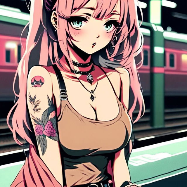 Anime grunge girl with face tattoos smoking a cigarette on an empty train platform at night.