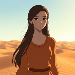 A Studio Ghibli inspired character, an adult woman with long brown hair parted to the side and brown eyes, wearing a simple orange Victorian era dress