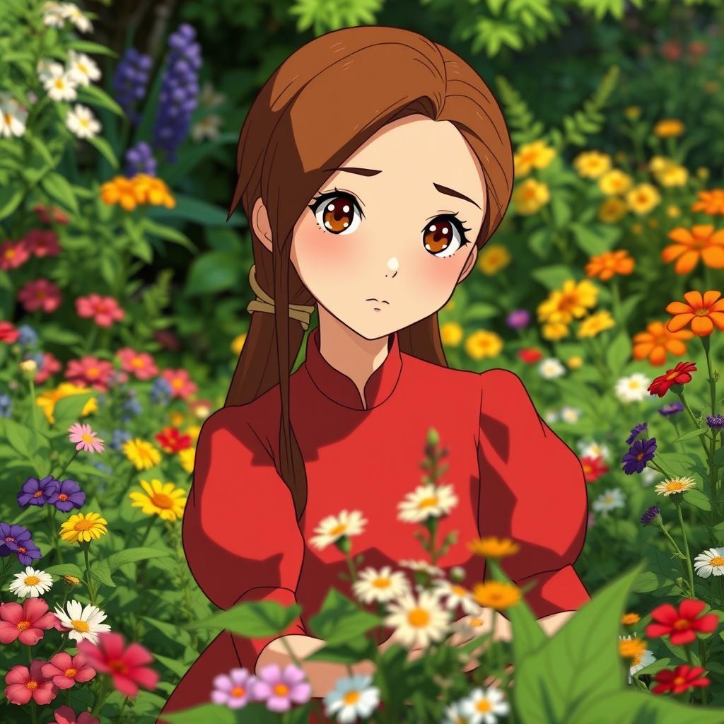 A Studio Ghibli inspired character, an adult woman with long brown hair parted to the side and brown eyes, wearing a simple red Victorian era dress