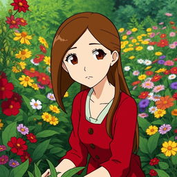 A Studio Ghibli inspired character, an adult woman with long brown hair parted to the side and brown eyes, wearing a simple red Victorian era dress