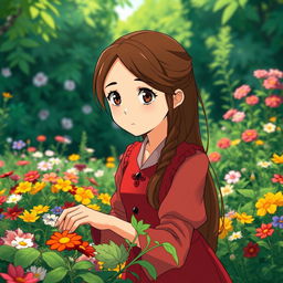 A Studio Ghibli inspired character, an adult woman with long brown hair parted to the side and brown eyes, wearing a simple red Victorian era dress