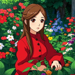 A Studio Ghibli inspired character, an adult woman with long brown hair parted to the side and brown eyes, wearing a simple red Victorian era dress