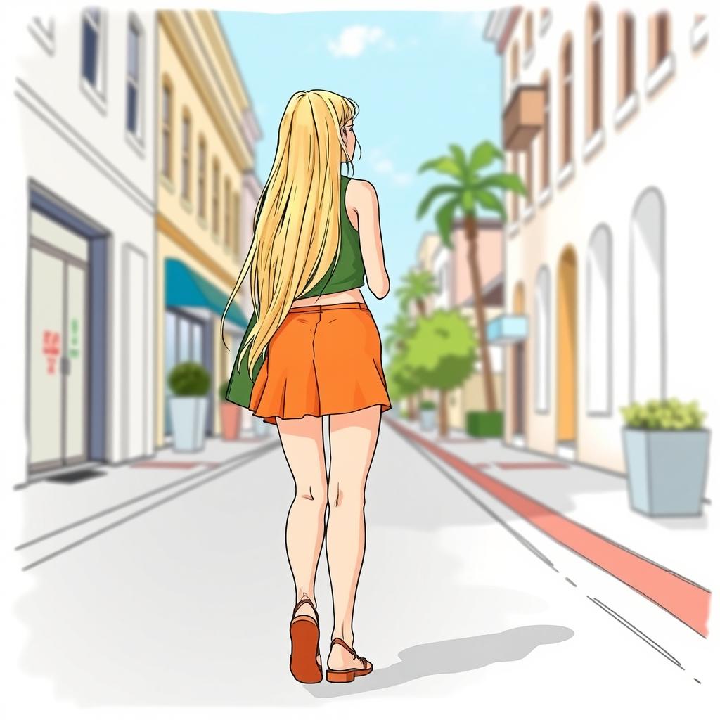 An 18-year-old girl walking down the street, with long blonde hair reaching down to her buttocks