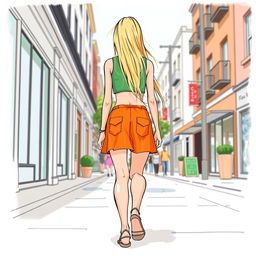 An 18-year-old girl walking down the street, with long blonde hair reaching down to her buttocks