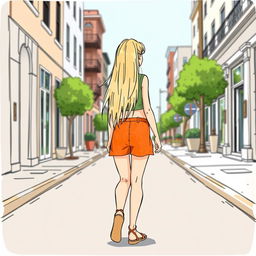 An 18-year-old girl walking down the street, with long blonde hair reaching down to her buttocks