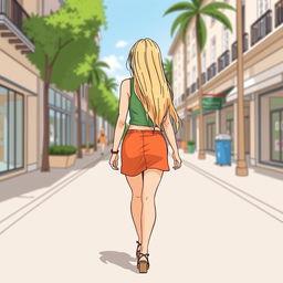 An 18-year-old girl walking down the street, with long blonde hair reaching down to her buttocks