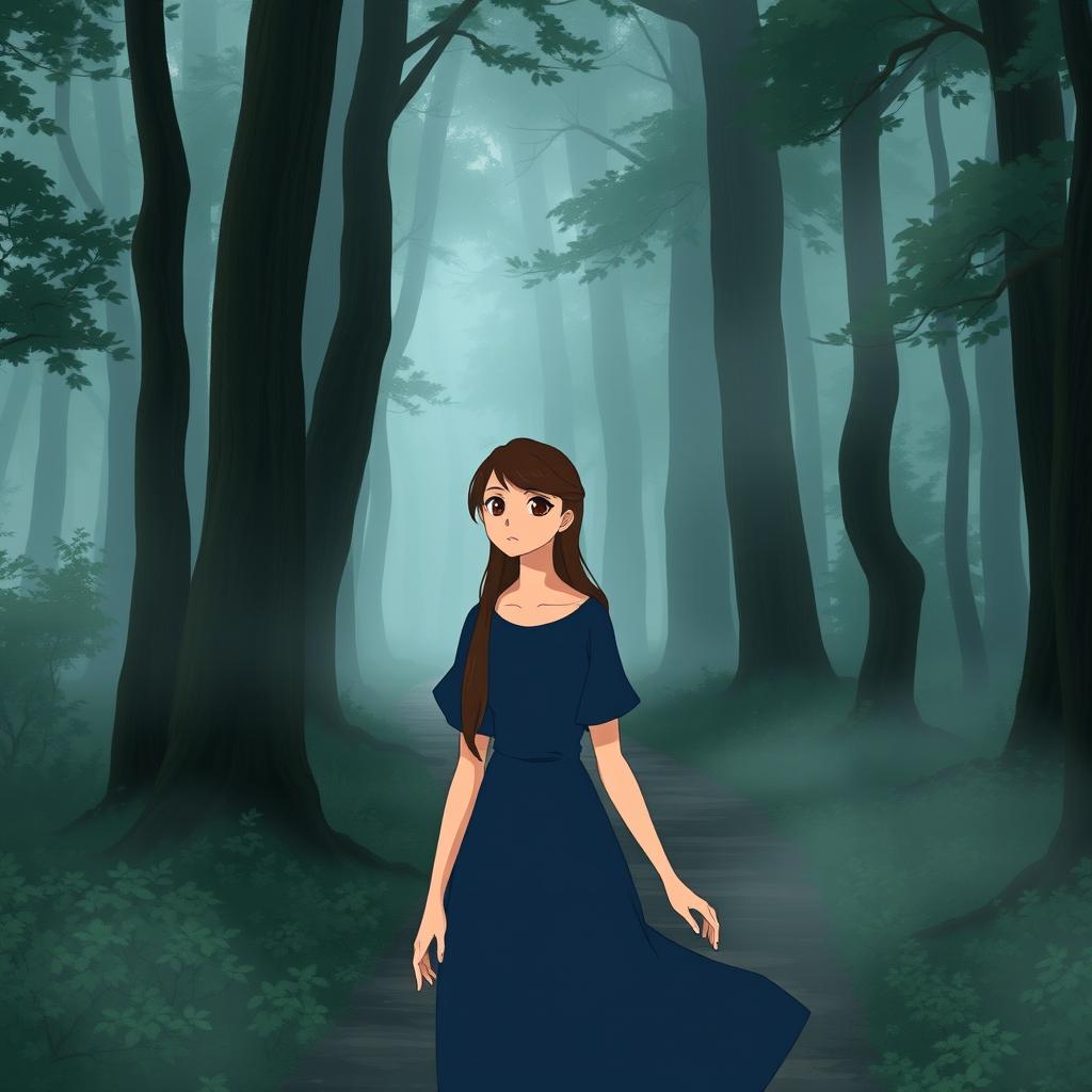 A Studio Ghibli inspired character, an adult woman with long brown hair parted to the side and brown eyes, wearing a simple indigo Victorian era dress