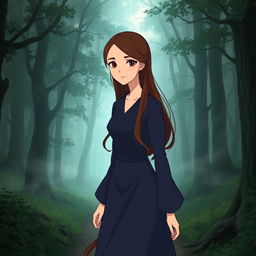 A Studio Ghibli inspired character, an adult woman with long brown hair parted to the side and brown eyes, wearing a simple indigo Victorian era dress