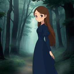 A Studio Ghibli inspired character, an adult woman with long brown hair parted to the side and brown eyes, wearing a simple indigo Victorian era dress