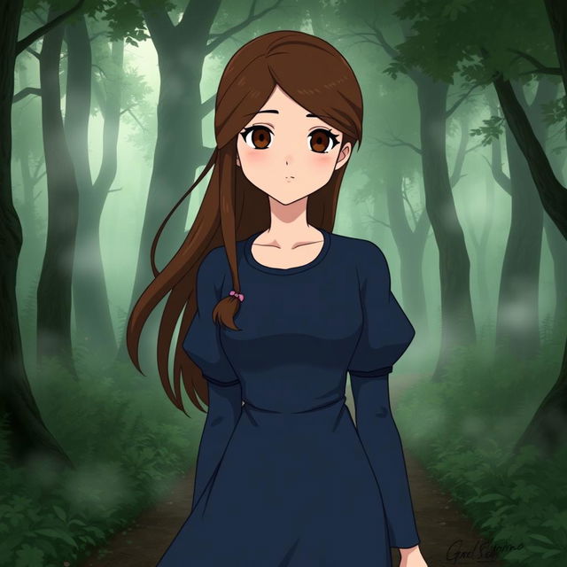 A Studio Ghibli inspired character, an adult woman with long brown hair parted to the side and brown eyes, wearing a simple indigo Victorian era dress