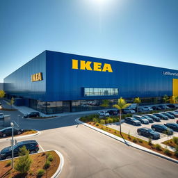 A modern and sleek IKEA building with its iconic blue and yellow color palette