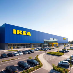 A modern and sleek IKEA building with its iconic blue and yellow color palette