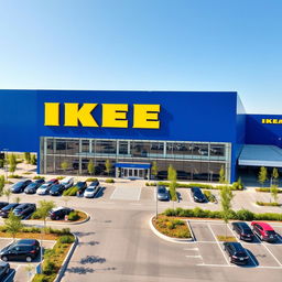 A modern and sleek IKEA building with its iconic blue and yellow color palette