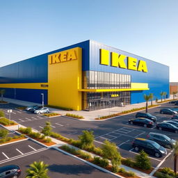 A modern and sleek IKEA building with its iconic blue and yellow color palette