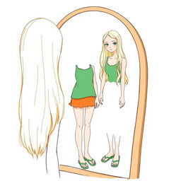 An 18-year-old girl looking at herself in the mirror