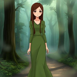 A Studio Ghibli inspired character, an adult woman with long brown hair parted to the side and brown eyes, wearing a simple green Victorian era dress