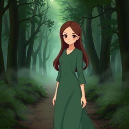 A Studio Ghibli inspired character, an adult woman with long brown hair parted to the side and brown eyes, wearing a simple green Victorian era dress