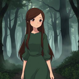 A Studio Ghibli inspired character, an adult woman with long brown hair parted to the side and brown eyes, wearing a simple green Victorian era dress