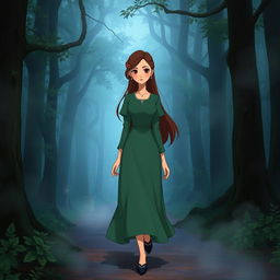 A Studio Ghibli inspired character, an adult woman with long brown hair parted to the side and brown eyes, wearing a simple green Victorian era dress