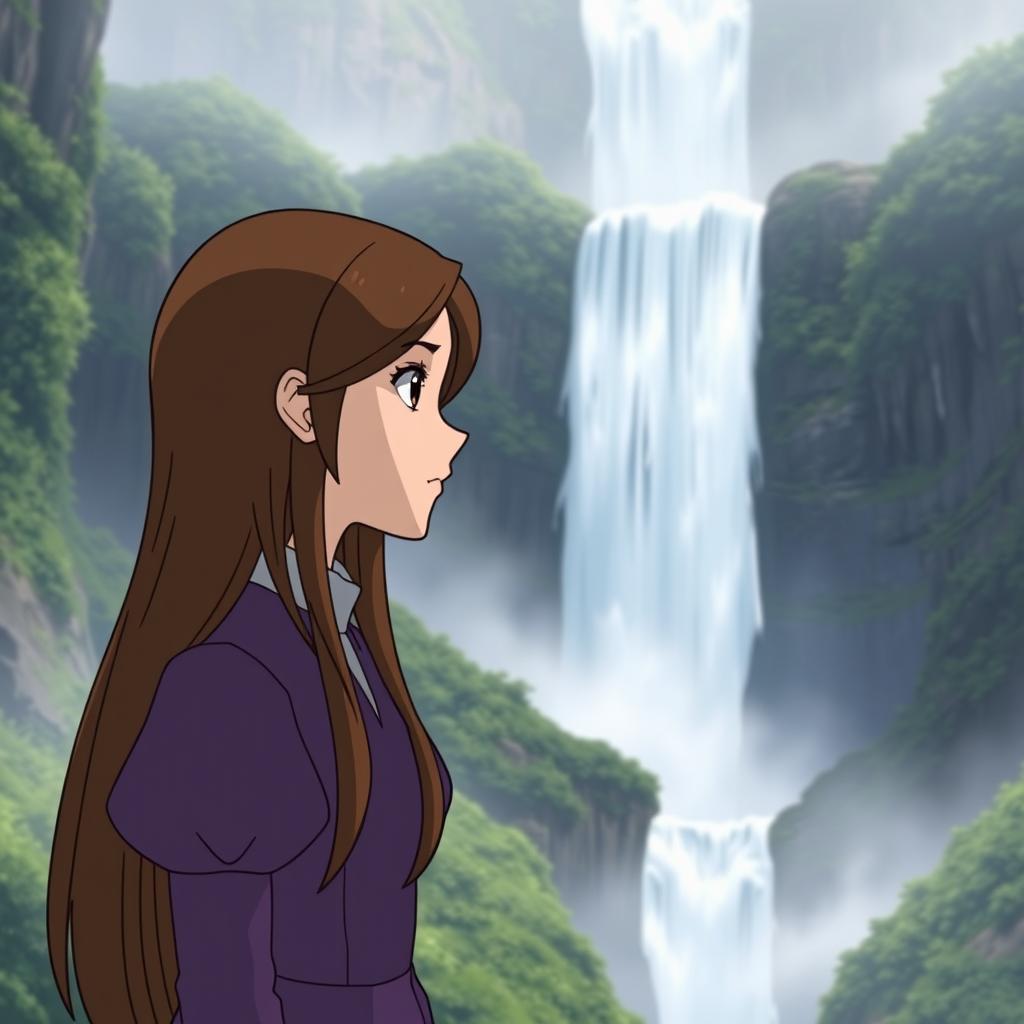 A Studio Ghibli inspired character, an adult woman with long brown hair parted to the side and brown eyes, wearing a simple purple Victorian era dress