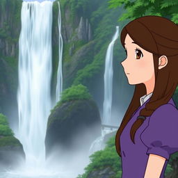 A Studio Ghibli inspired character, an adult woman with long brown hair parted to the side and brown eyes, wearing a simple purple Victorian era dress