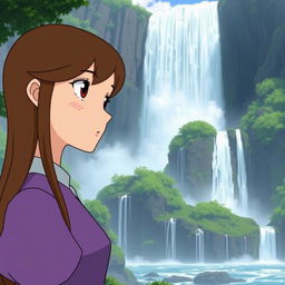 A Studio Ghibli inspired character, an adult woman with long brown hair parted to the side and brown eyes, wearing a simple purple Victorian era dress