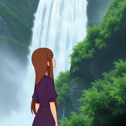 A Studio Ghibli inspired character, an adult woman with long brown hair parted to the side and brown eyes, wearing a simple purple Victorian era dress