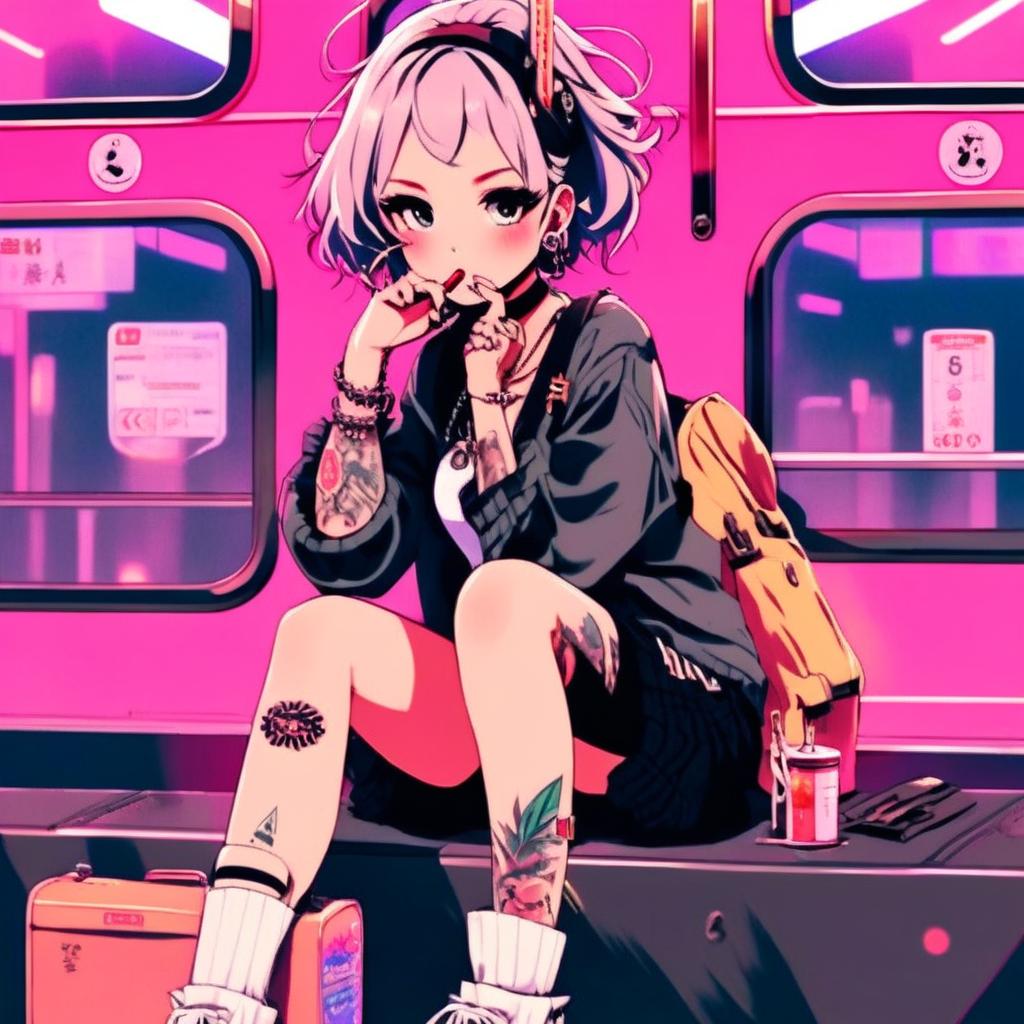 Anime grunge girl with face tattoos smoking a cigarette on a train platform with a neon Tokyo backdrop.