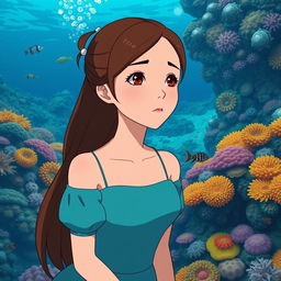 A Studio Ghibli inspired character, an adult woman with long brown hair parted to the side and brown eyes, wearing a simple cyan Victorian era dress