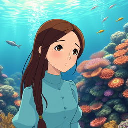 A Studio Ghibli inspired character, an adult woman with long brown hair parted to the side and brown eyes, wearing a simple cyan Victorian era dress